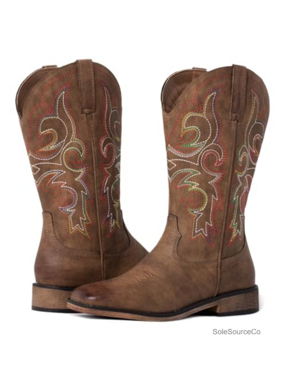 Square Toe Western Cowboy Boots Faux Leather Embroidered